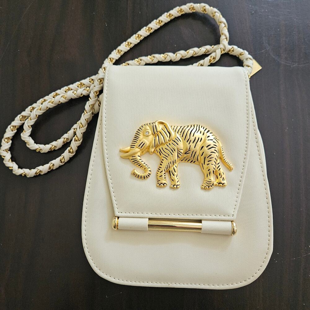 Vintage 90s Nima Cream & Gold Elephant Crossbody Bag Glam Chain Statement